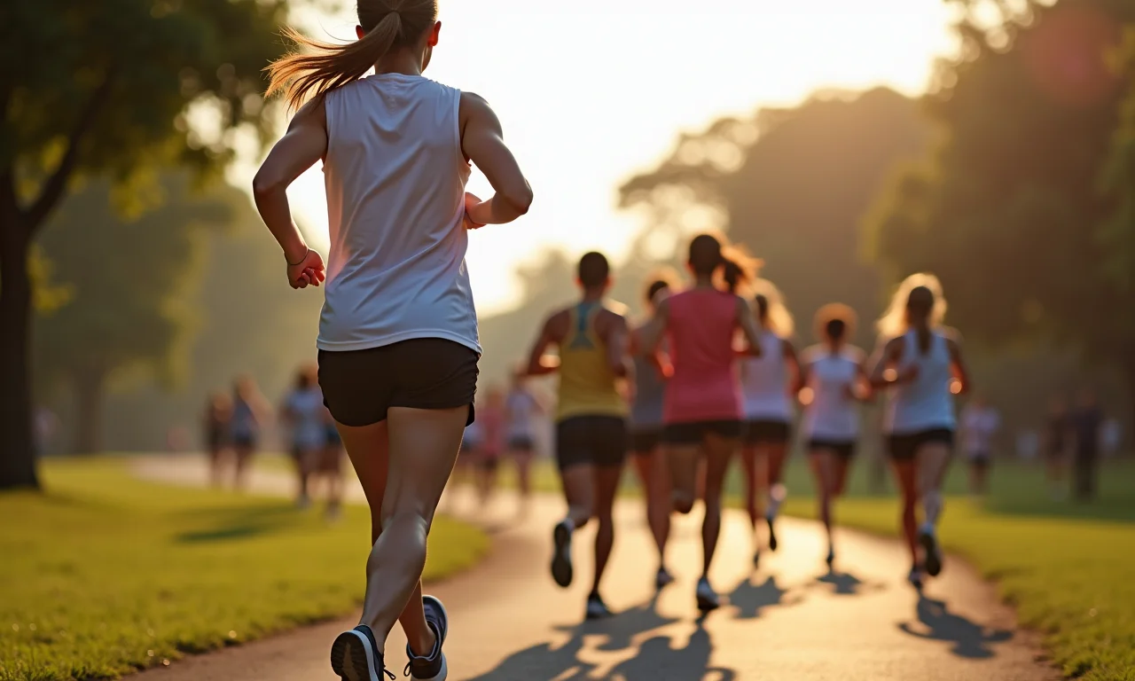 Estudante correndo em parque ensolarado com paisagem brasileira.