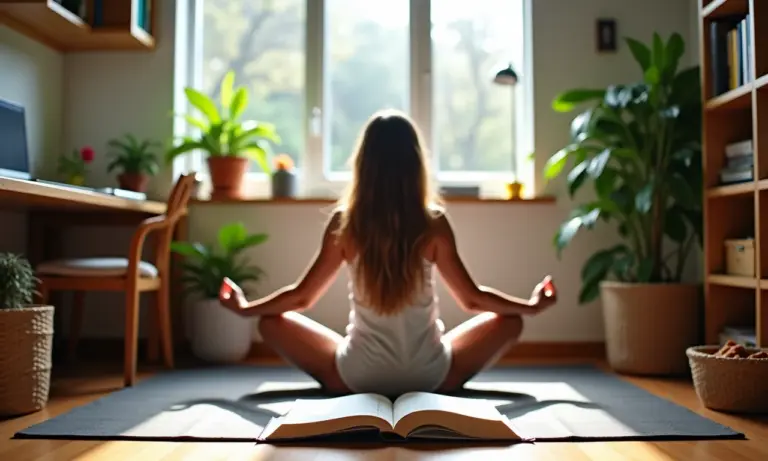 Estudante fazendo yoga em quarto aconchegante com decoração brasileira vibrante.