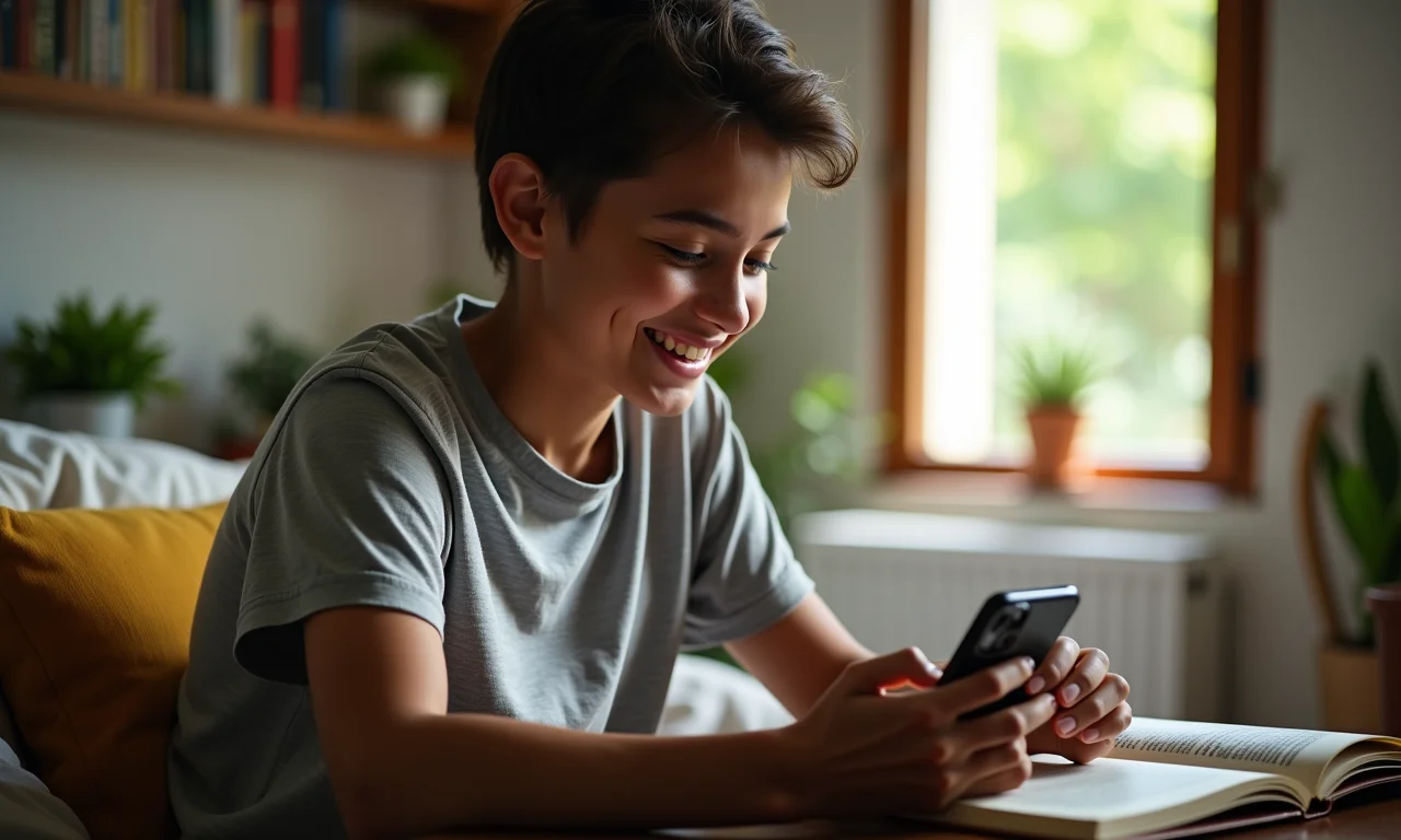 Estudante guardando celular e sorrindo, concentrado na leitura.