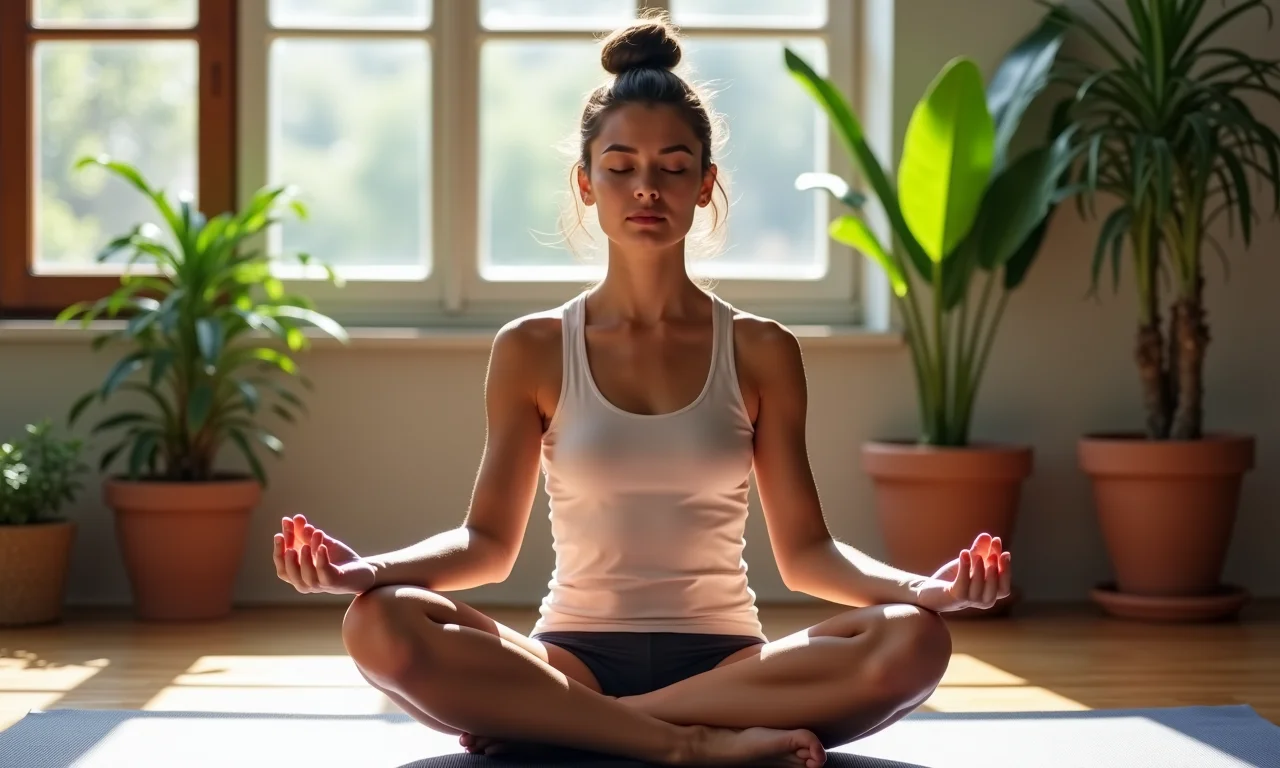 Estudante meditando em ambiente tranquilo com decoração brasileira.