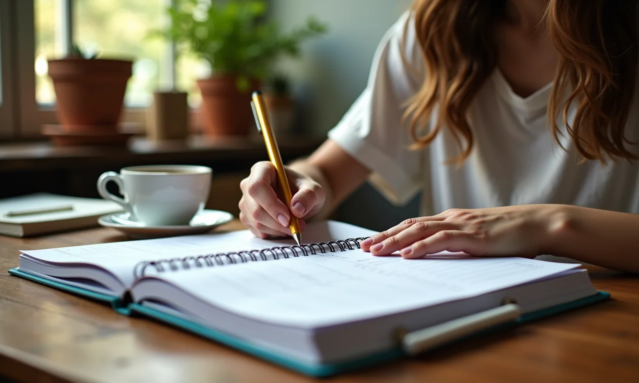 Estudante organizando agenda em mesa de estudos com decoração brasileira.