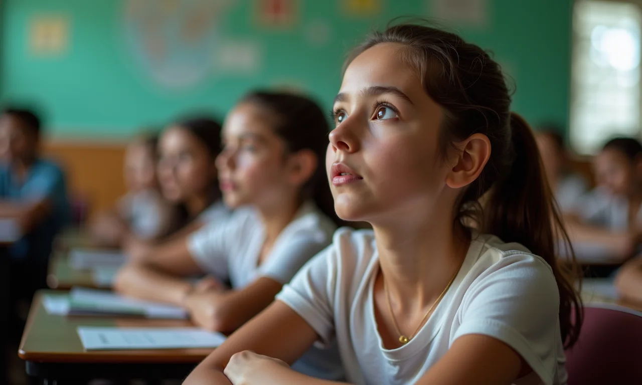 Estudante ouvindo atentamente em sala de aula brasileira.
