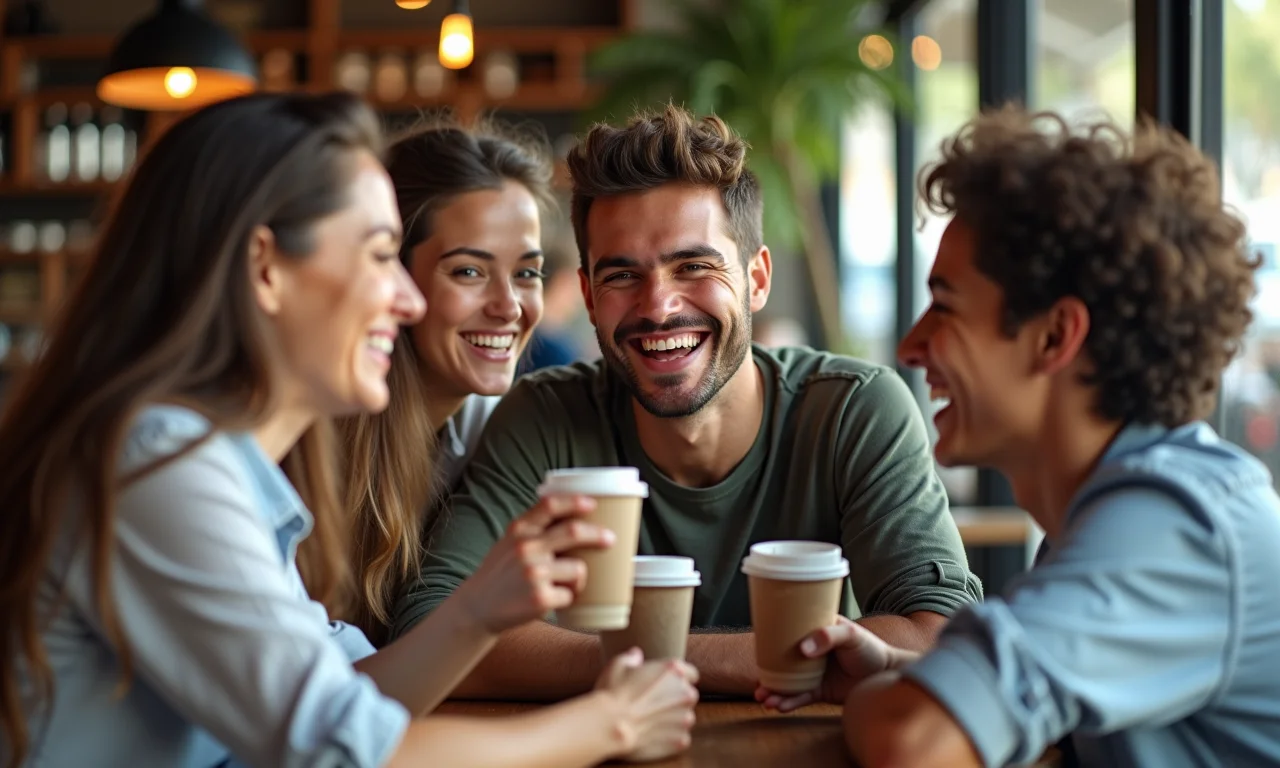 Estudante rindo com amigos em café brasileiro.