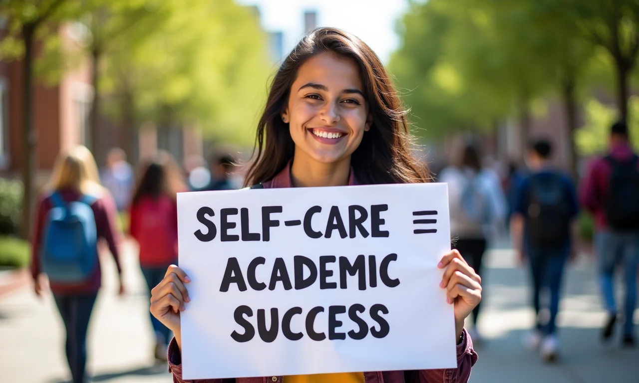 Estudante sorrindo com cartaz 'Autocuidado = Sucesso Acadêmico' em campus universitário.