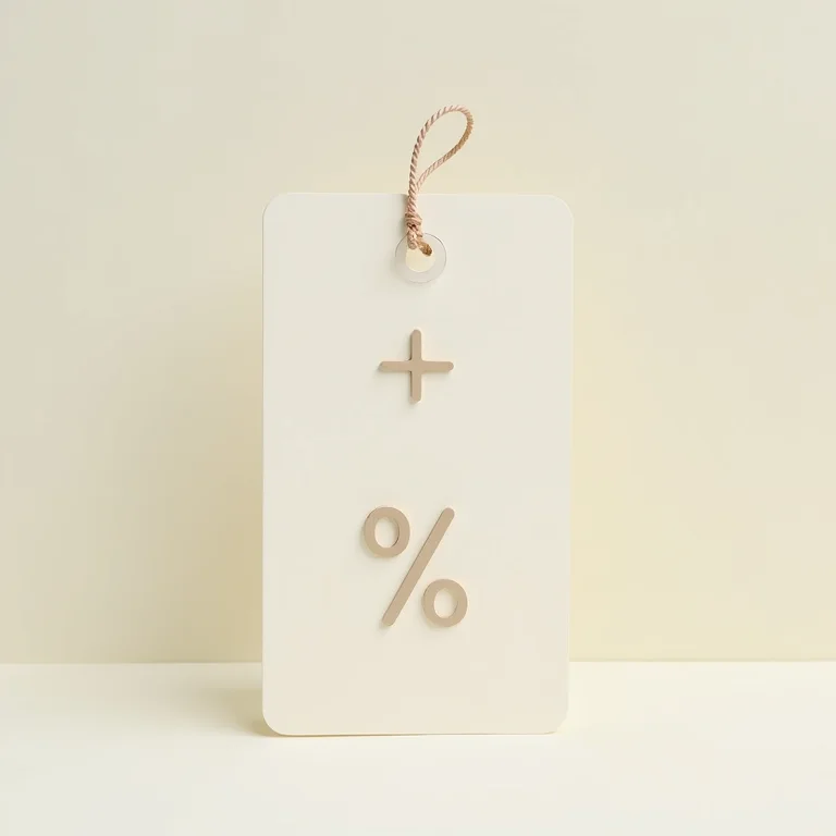 Etiqueta de preço com um sinal de mais e um símbolo de porcentagem.