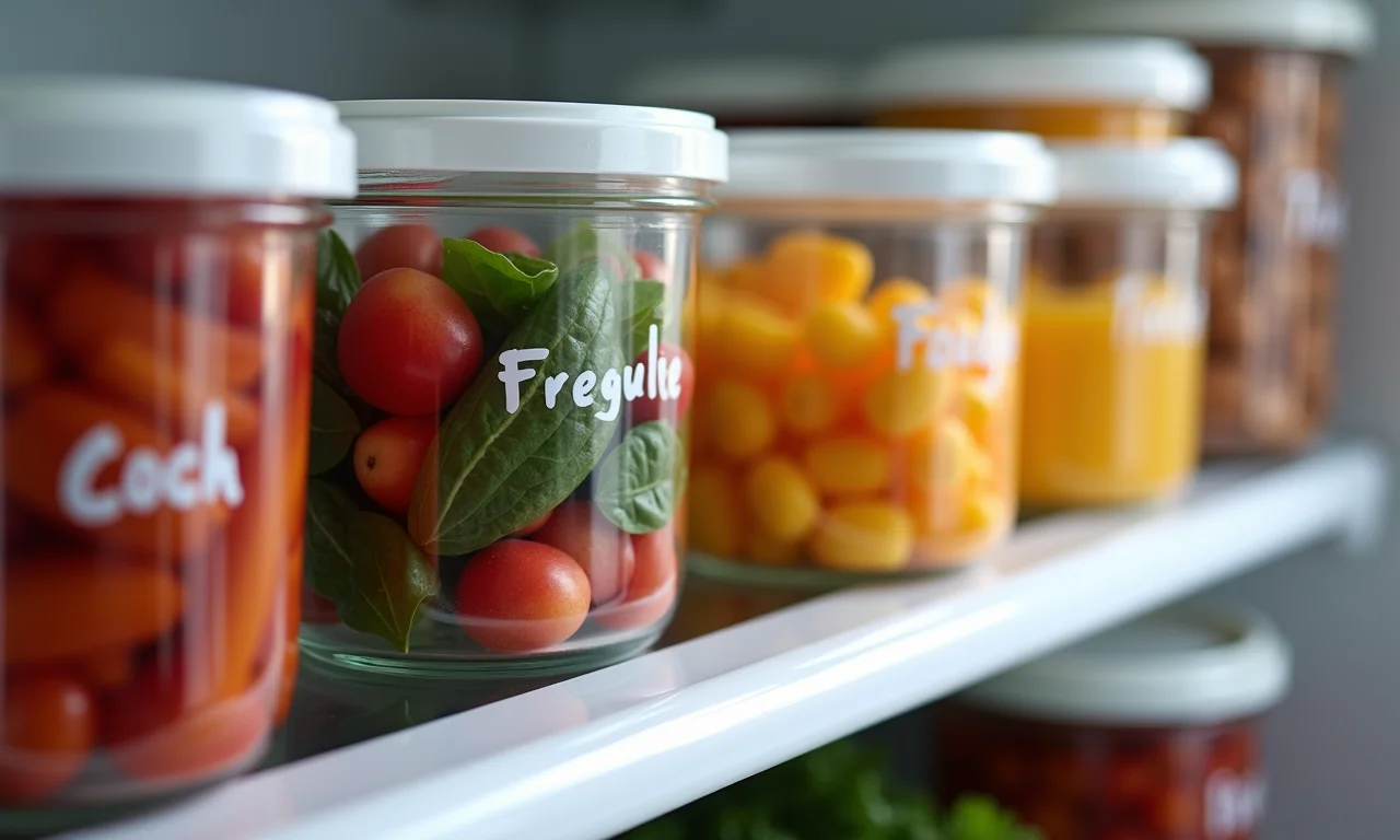 Etiquetas em potes na geladeira.