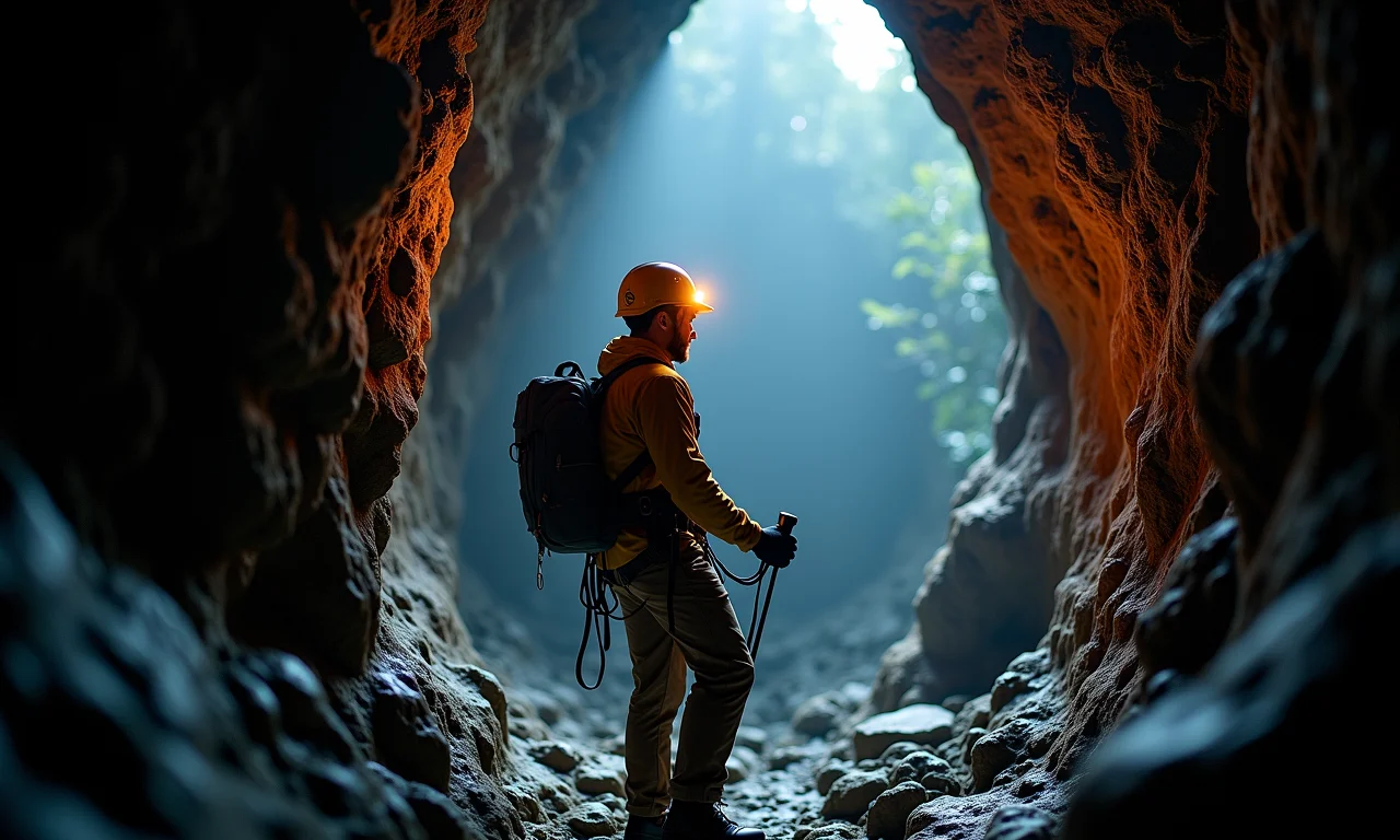 Explorador de cavernas com capacete e luz, escalando com corda.
