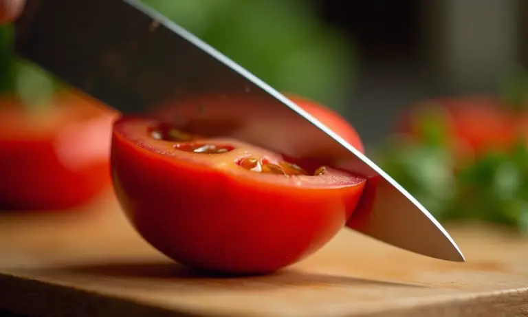 Faca afiada cortando tomate maduro.