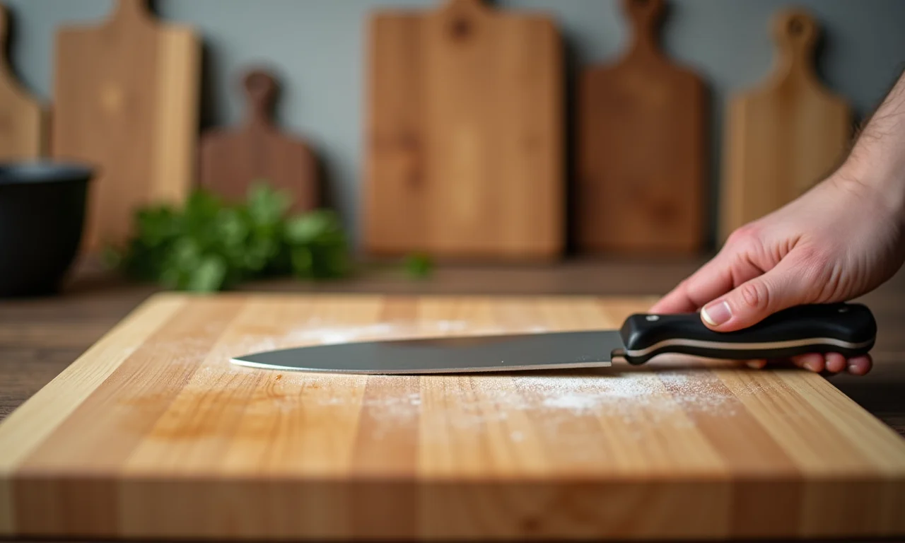 Faca cortando em tábua de madeira.