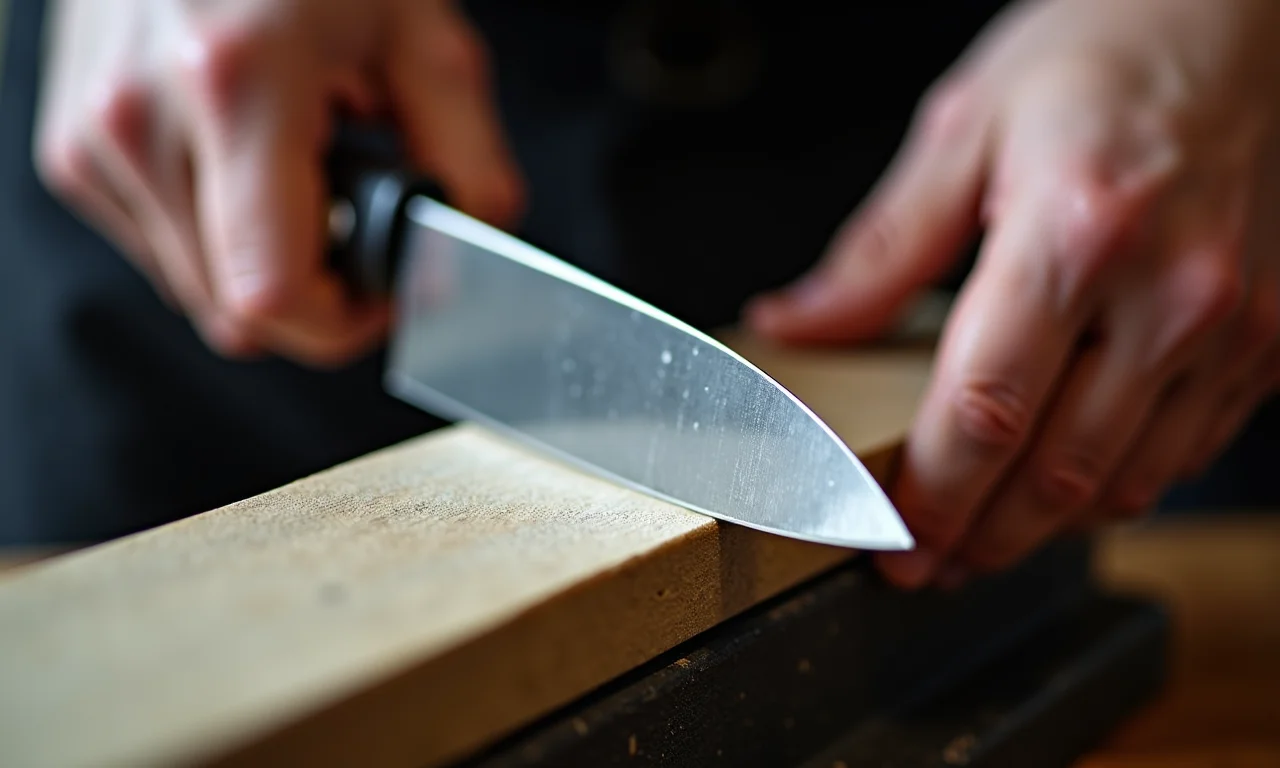 Faca sendo afiada em pedra de amolar.