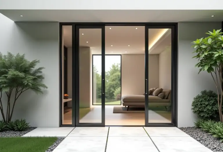 Fachada moderna com porta pivotante de alumínio