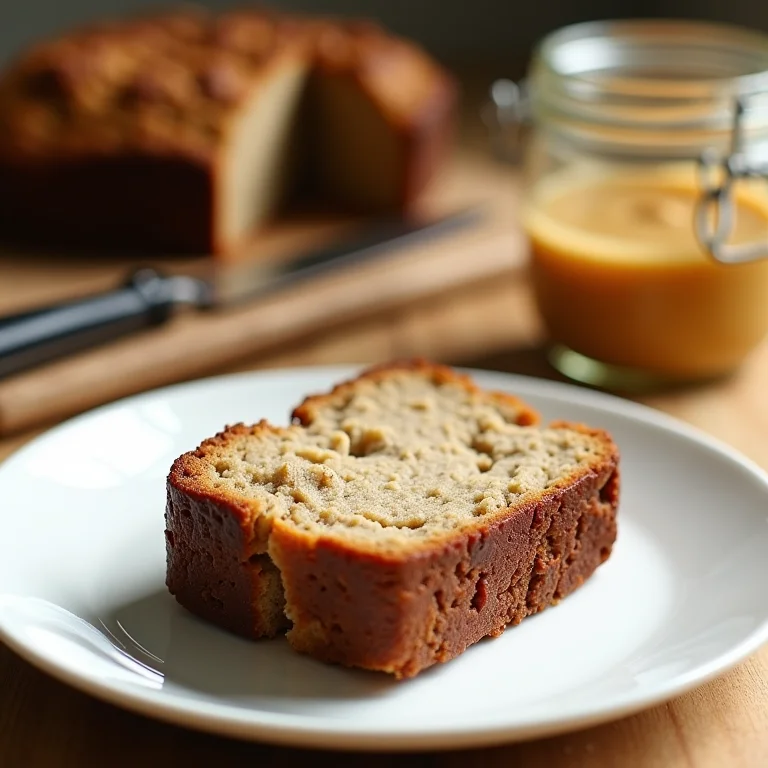 Fatia de bolo de banana vegano com manteiga de coco.