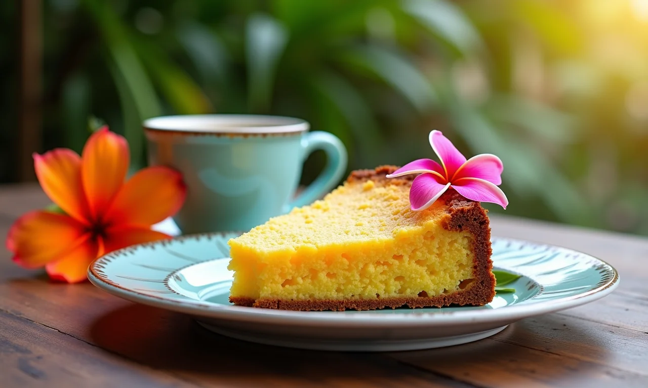 Fatia de bolo de pupunha decorada com flores tropicais e xícara de café.
