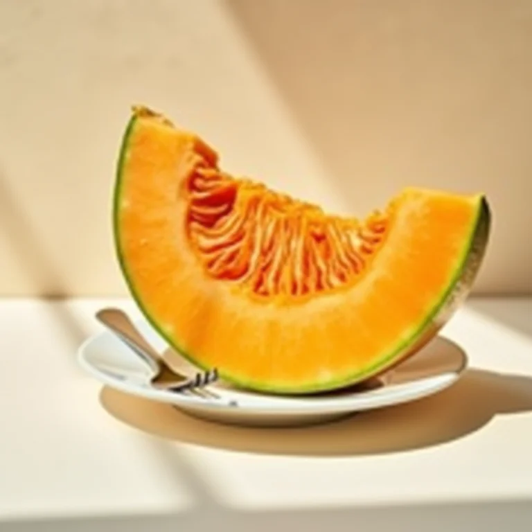 Fatia de melão cantaloupe em um prato branco com um garfo.