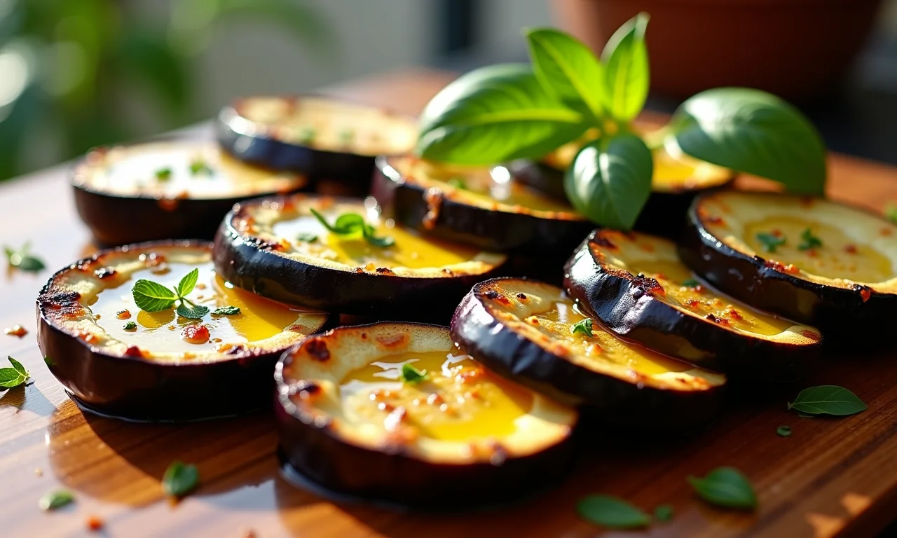 Fatias de berinjela grelhada brilhando com azeite e temperos.