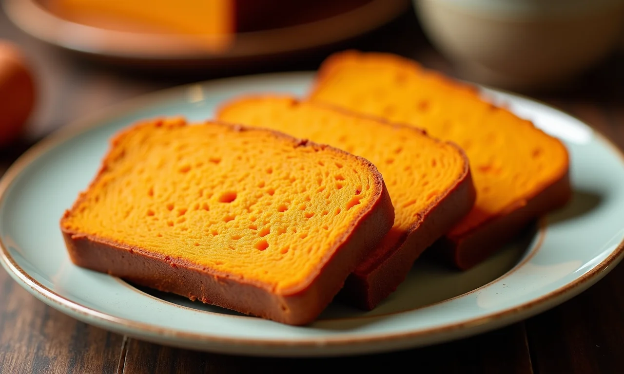 Fatias de pão de batata doce caseiro, macio e nutritivo.