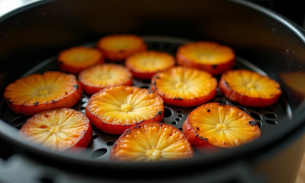 Fatias de pupunha douradas na airfryer, opção rápida e saudável.