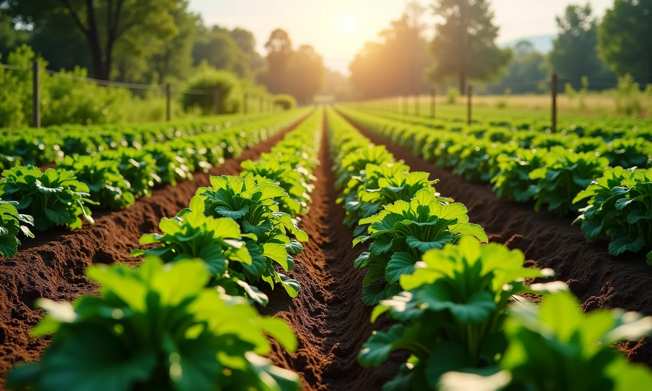 Fazenda orgânica com fileiras de plantações e vegetação diversa.