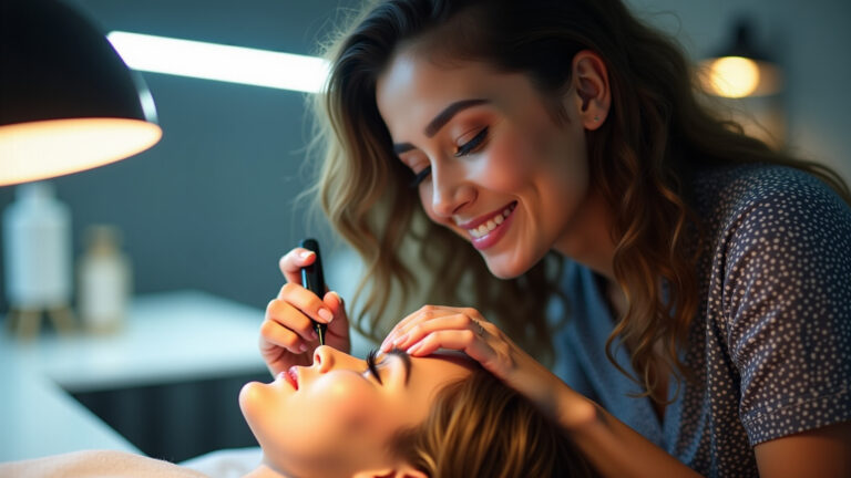 Lash designer profissional aplicando extensões de cílios.