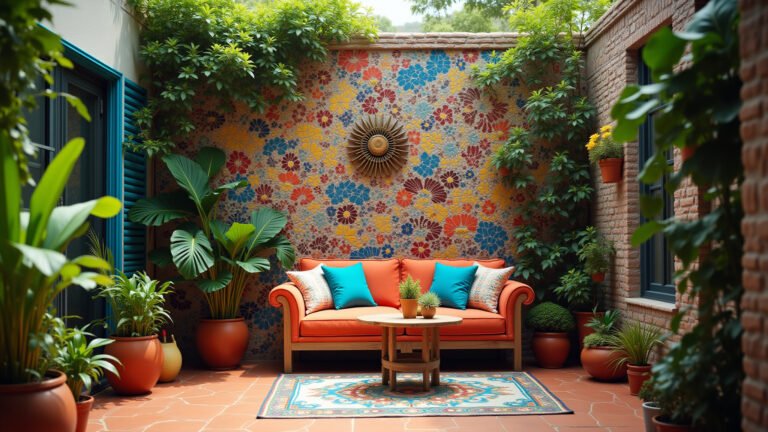 Muro decorado com mosaicos, jardim vertical e objetos vintage em pátio brasileiro.