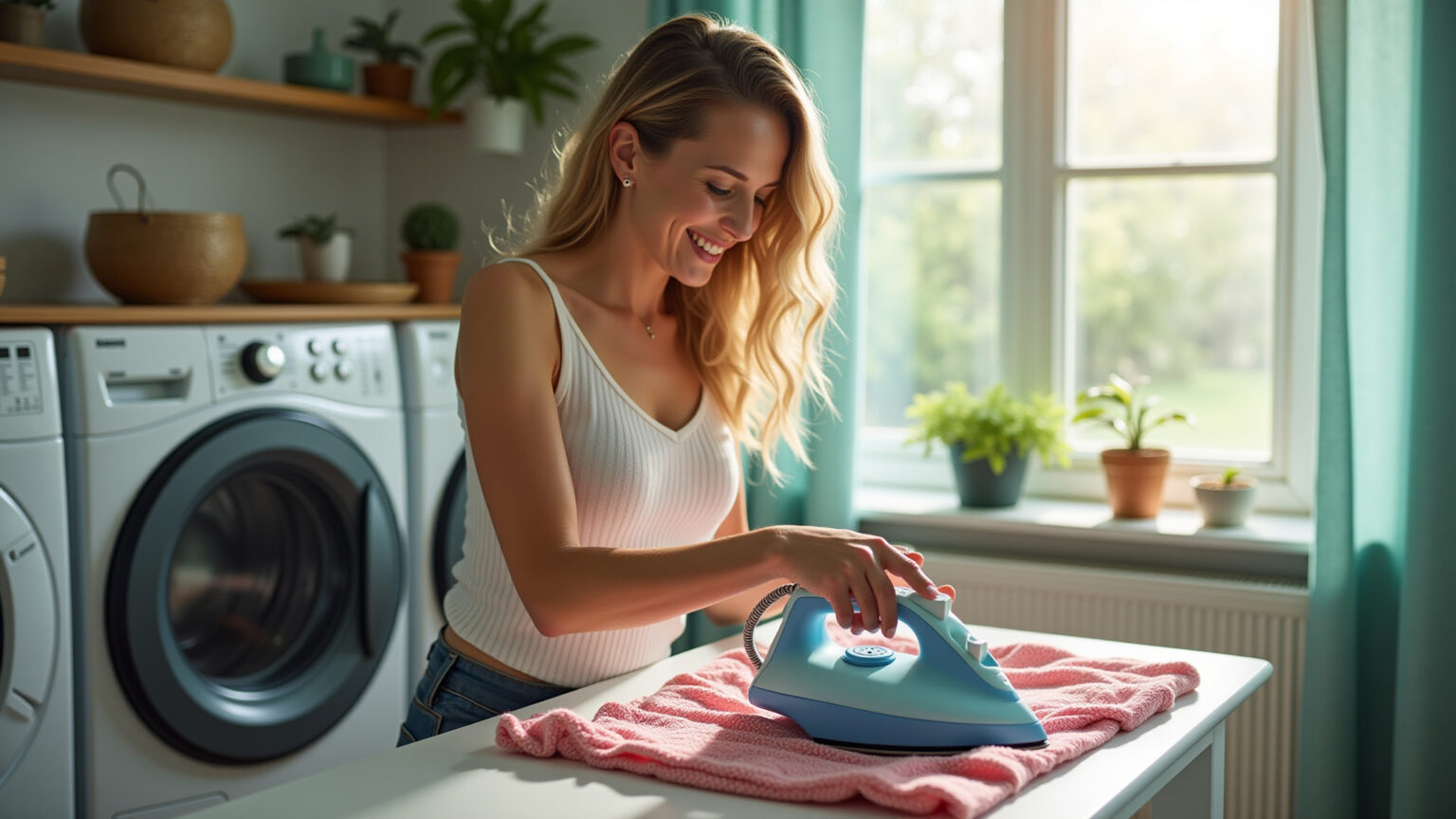 Dicas e Truques para Deixar a Roupa com Cara de Nova de Novo Mulher feliz passando roupas, revitalizando peças usadas.