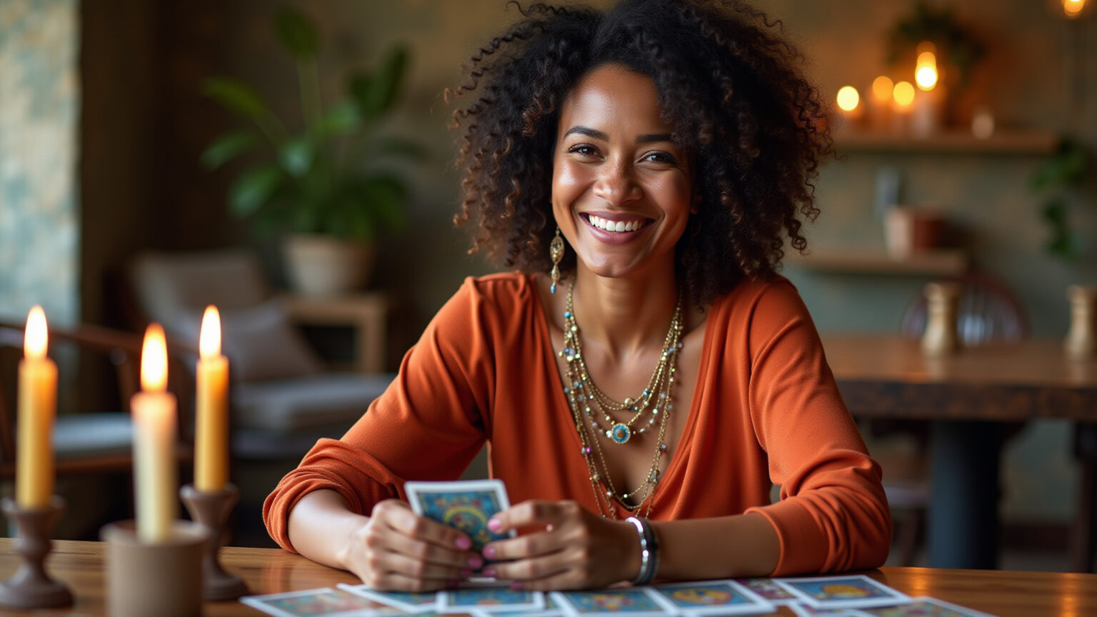 Mulher sorrindo lendo cartas de tarô em mesa de madeira.
