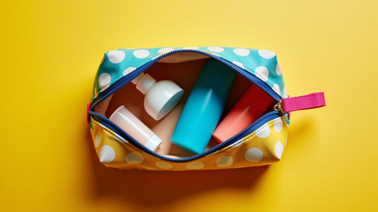 Necessaire de viagem aberta com produtos essenciais.