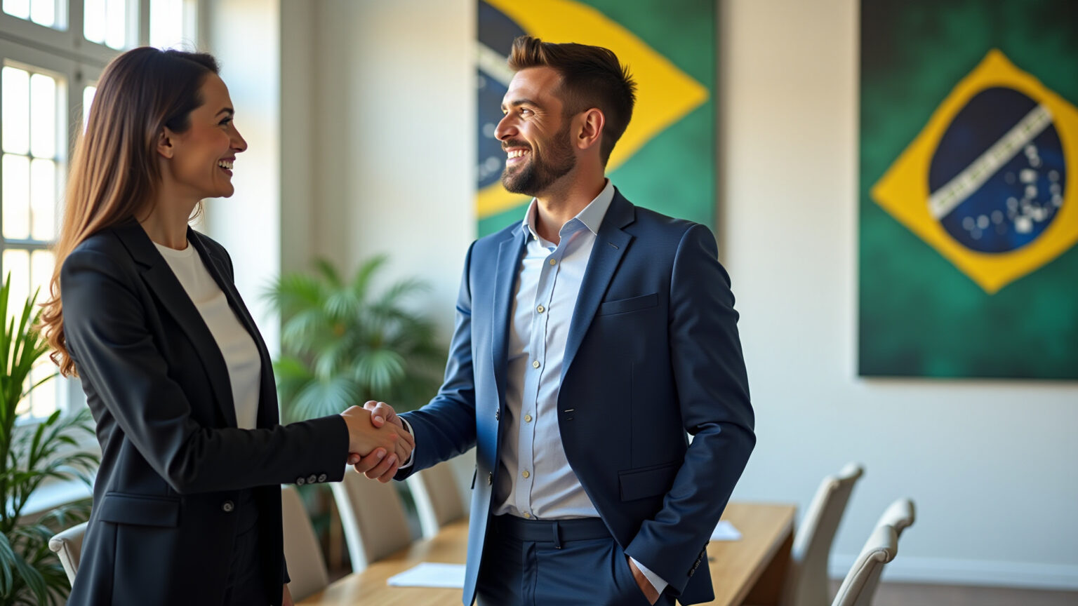 Aperto de mãos entre profissionais de marketing em escritório moderno.
