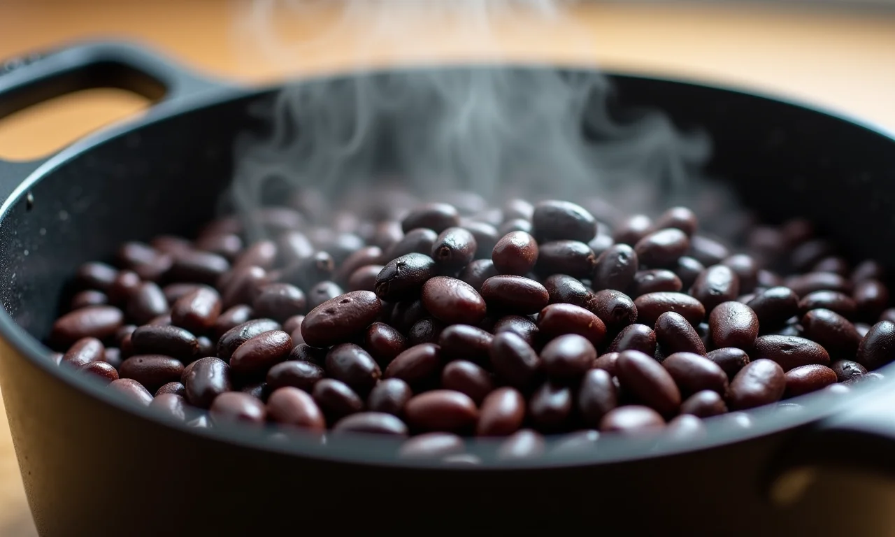 Feijão preto orgânico cozinhando lentamente.