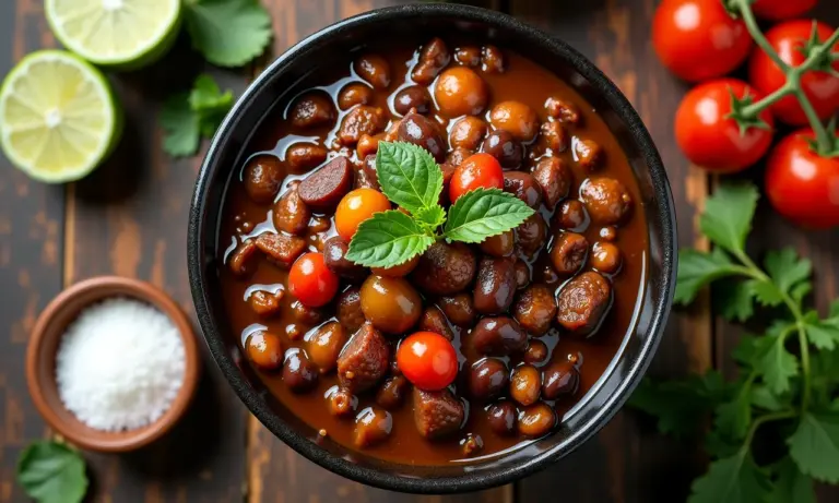 Feijoada saudável servida em uma panela de barro.