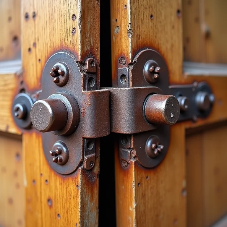 Ferragens e pivotantes enferrujados em porta de madeira.
