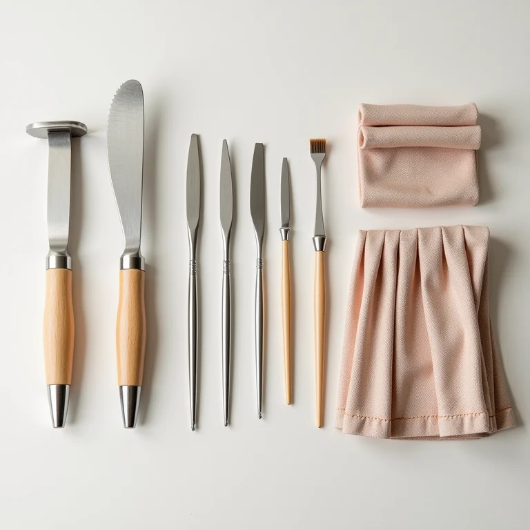 Ferramentas de costura e amostras de tecido dispostas de forma organizada, simbolizando os benefícios das pregas macho e fêmea.