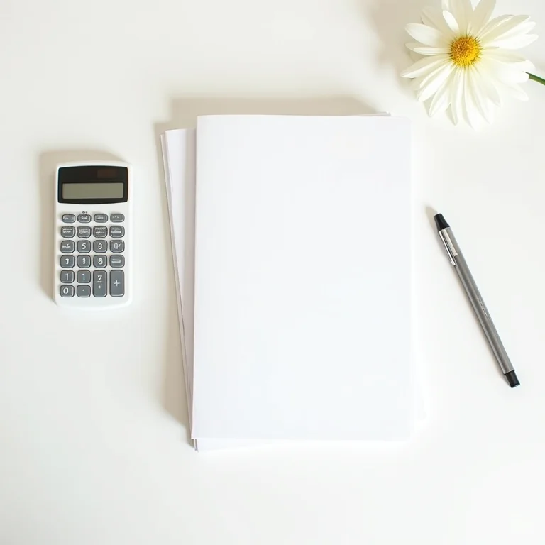 Ferramentas essenciais de contabilidade em um flat lay minimalista.