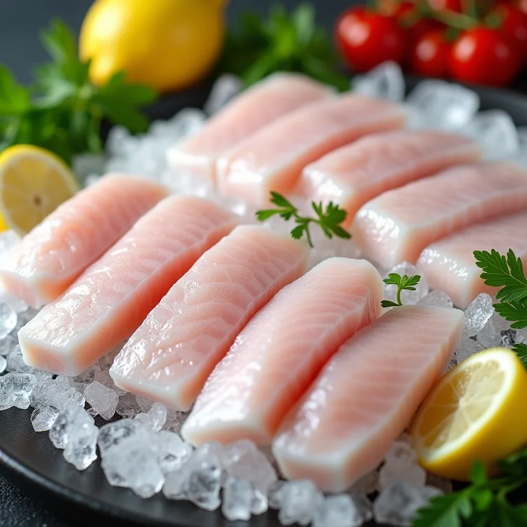 Filés de peixe fresco em bancada de mercado