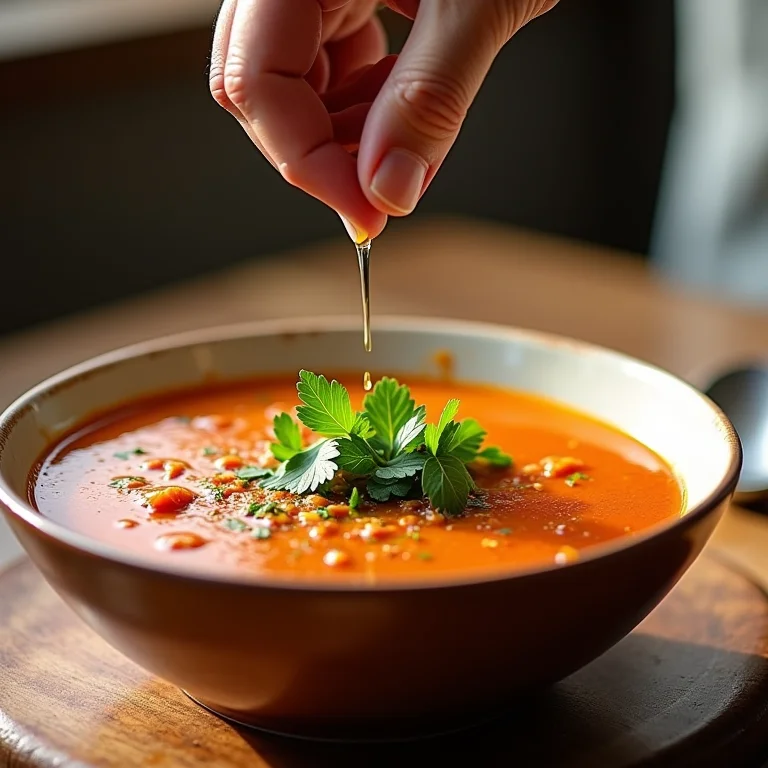 Finalização de sopa minestrone com azeite e salsinha