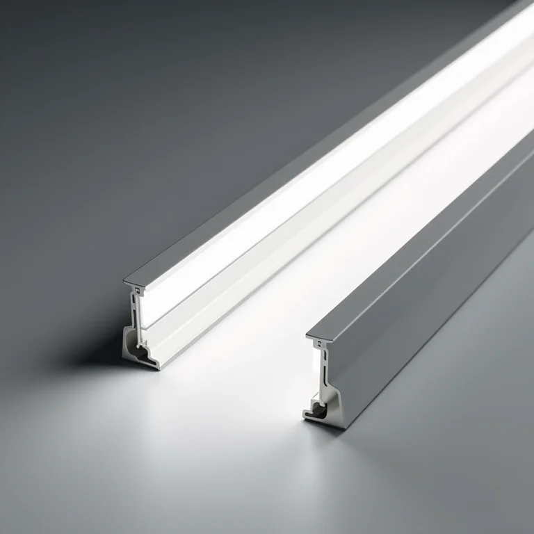 Fita de LED flexível dentro de um perfil de alumínio.