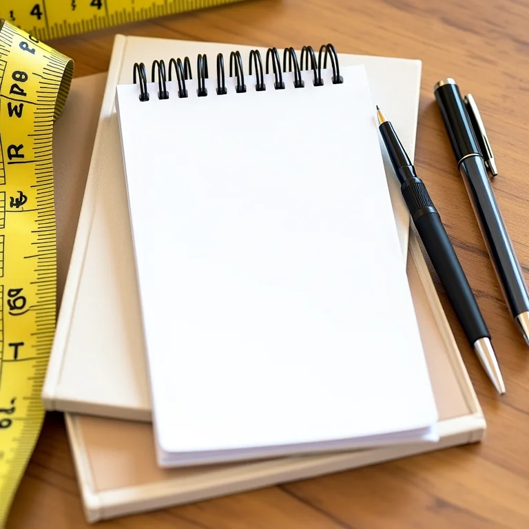 Fita métrica, bloco de notas e caneta sobre mesa de madeira