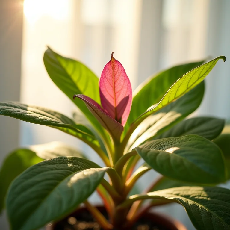 Fitônia com folhas vibrantes iluminadas pela luz solar suave.
