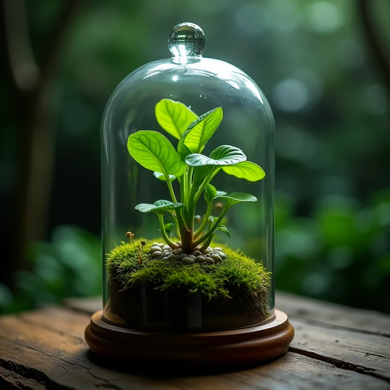 Fitônia prosperando em um ambiente úmido dentro de um cloche de vidro.