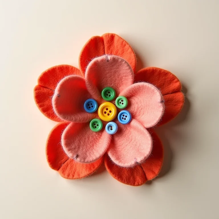 Flor de feltro com botões coloridos no centro.