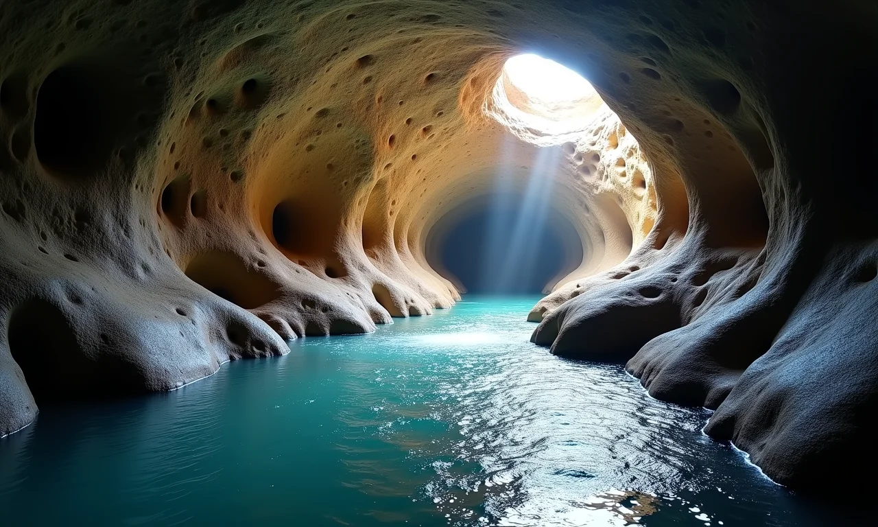 Fluxo de água esculpindo as paredes de uma caverna com formações rochosas.