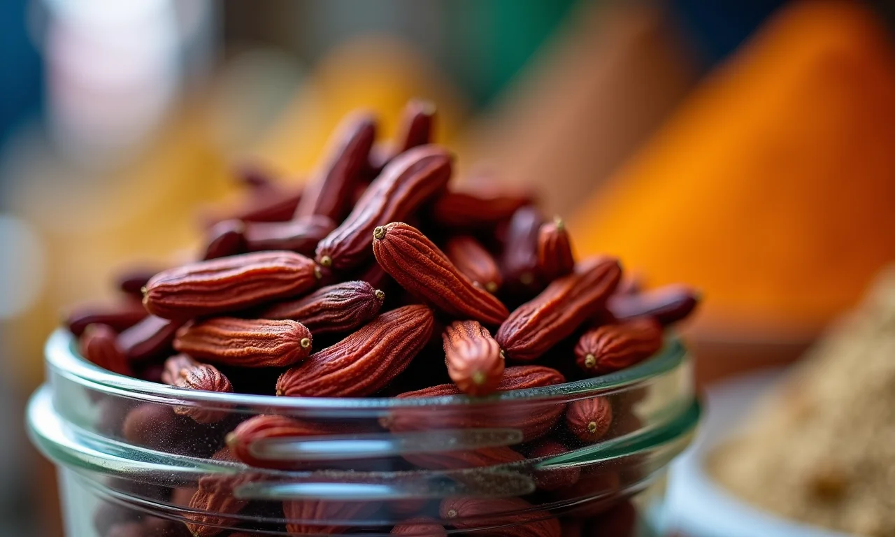 Folhas de amora secas em um pote em uma banca de mercado.