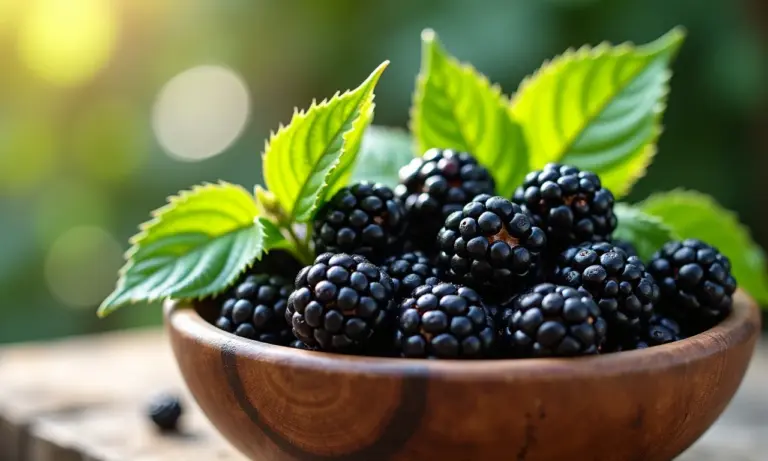 Folhas de amora verde vibrante e amoras maduras em tigela de madeira rústica.