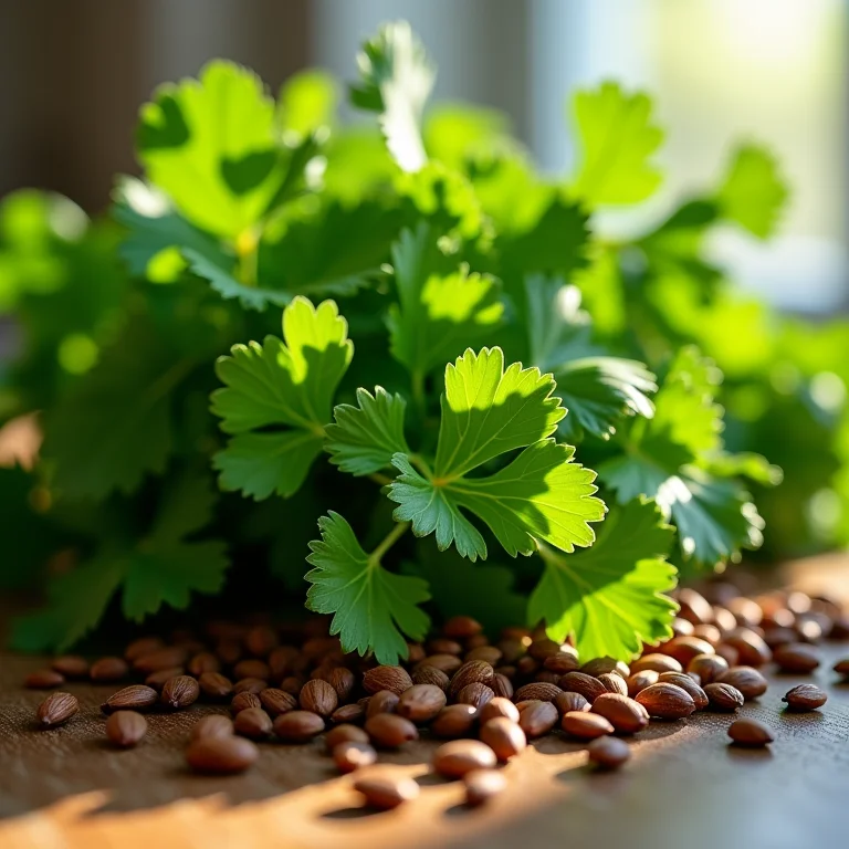 Folhas de coentro frescas e sementes de coentro.