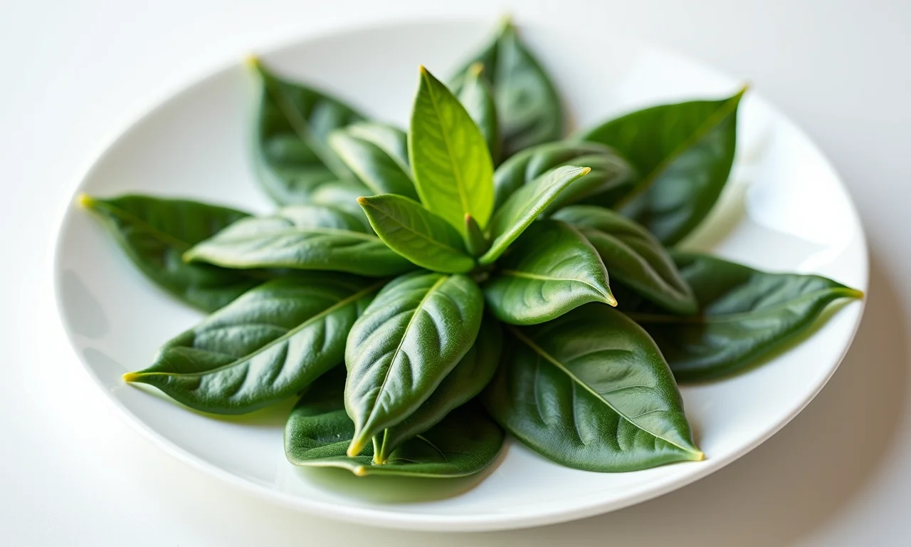 Folhas de louro sobre um prato branco, com iluminação natural.