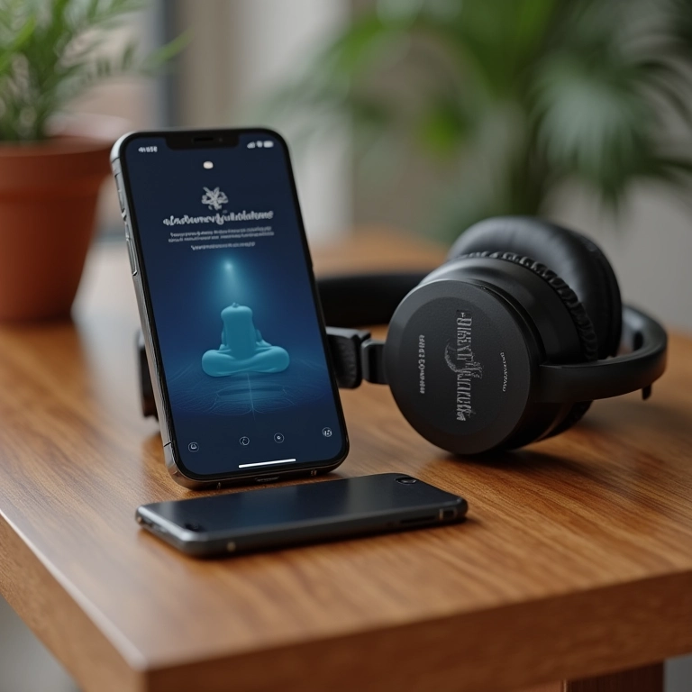 Fones de ouvido ao lado de um celular com app de meditação.