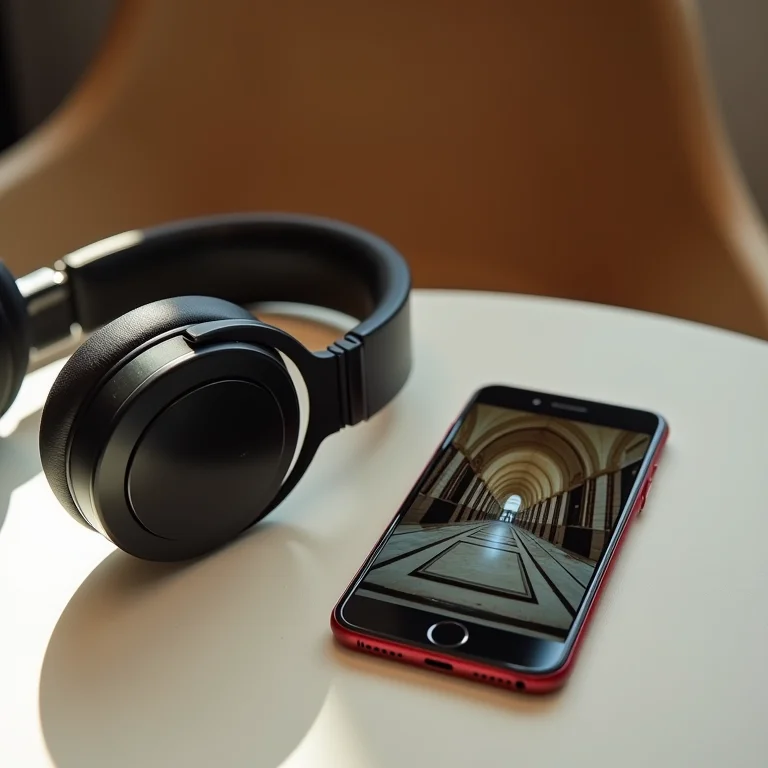 Fones de ouvido sem fio ao lado de um smartphone mostrando um tour virtual.