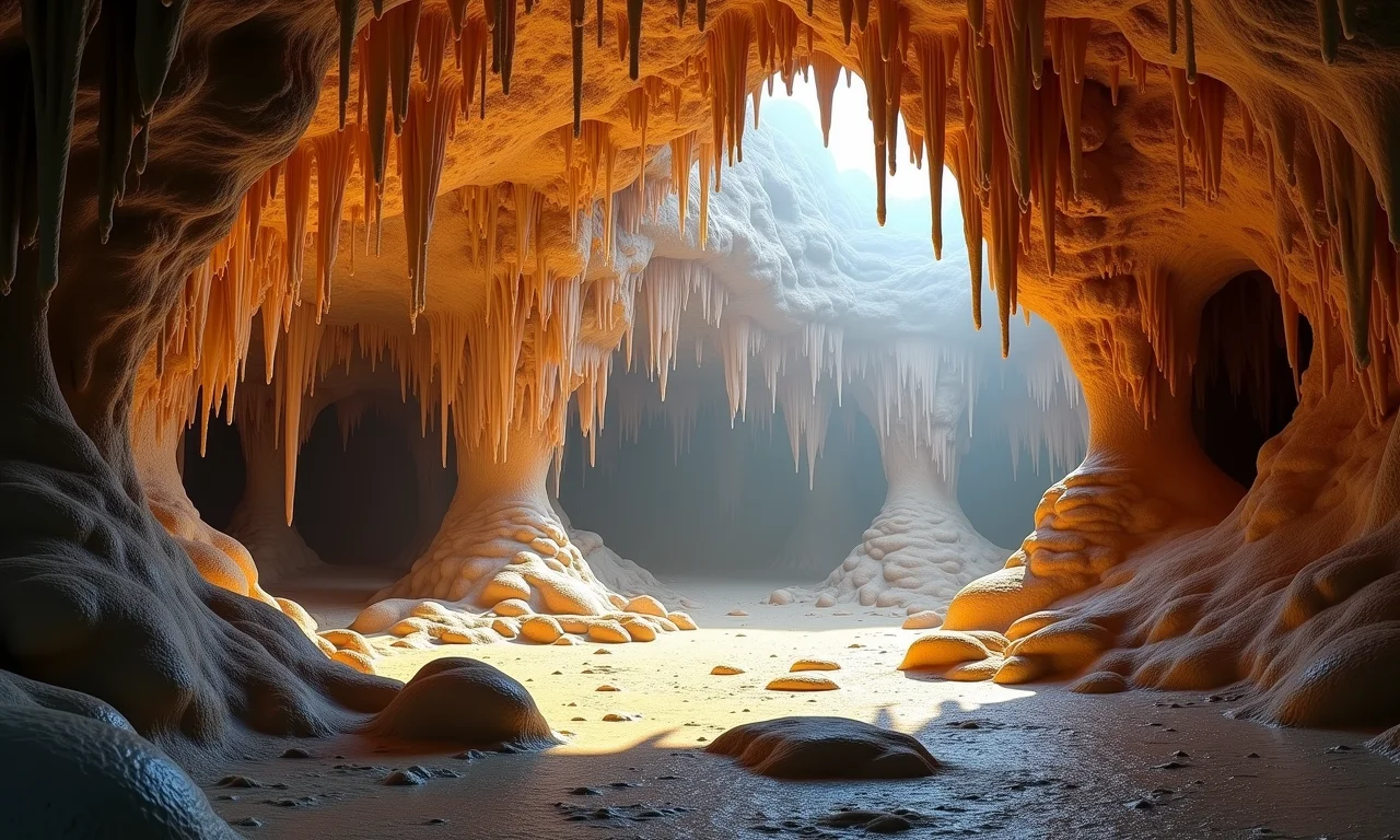 Formações de estalactites e estalagmites em uma caverna calcária.