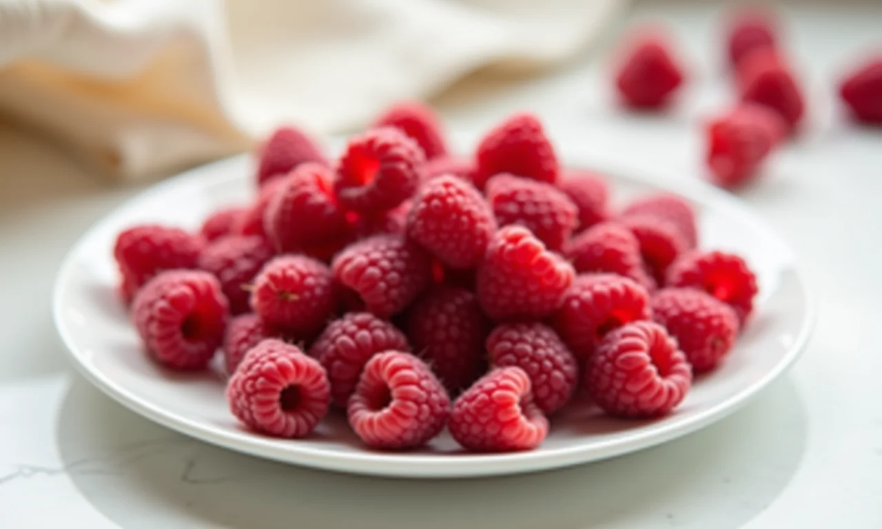 Framboesas frescas em prato branco com luz natural e tons pastel.