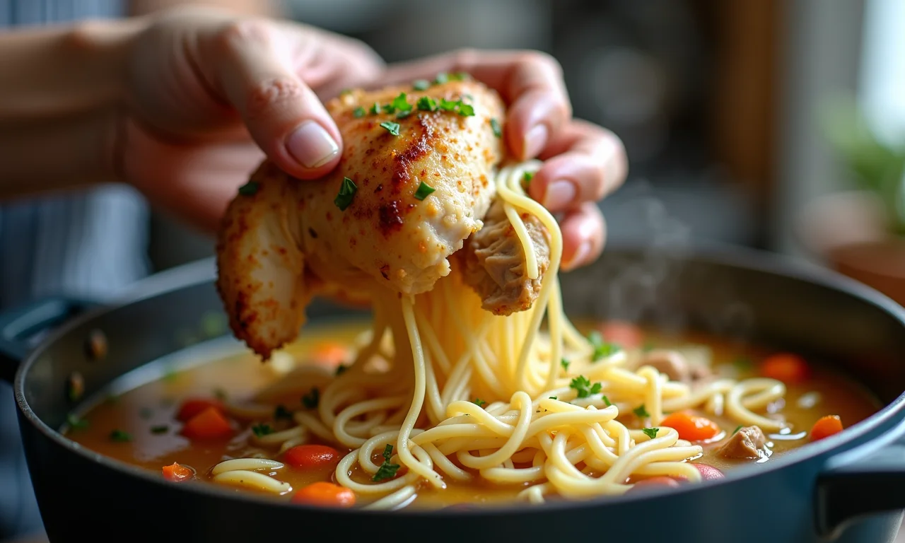 Frango assado desfiado sendo adicionado a uma panela de sopa de macarrão com frango.